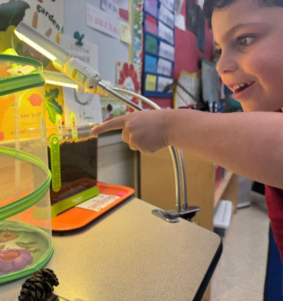 Student pointing at a plant growing under a grow light