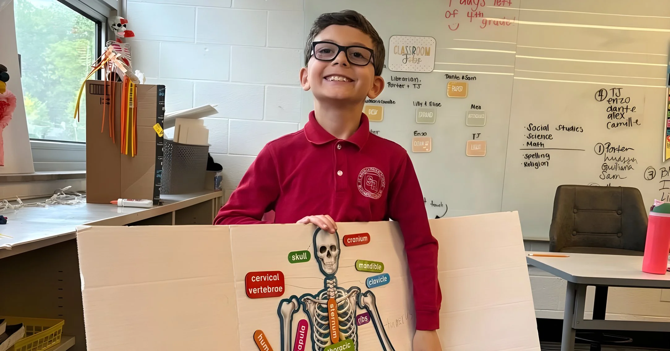 Student holding a skeleton poster project